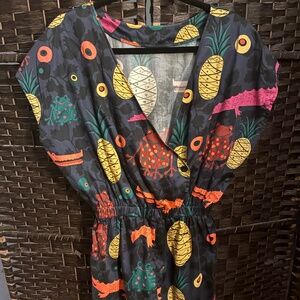 LHD Designer Romper with Tropical Print Pineapple Alligator Frog Rainbow Size 12